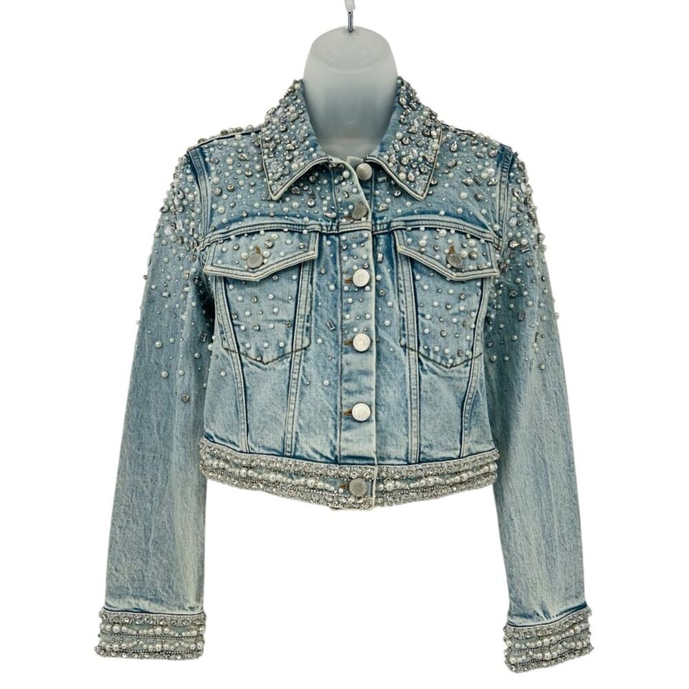 ALICE + OLIVIA Nelson Embellished Beaded Cropped Fitted Denim Jean Jacket Md NEW - Picture 9 of 15
